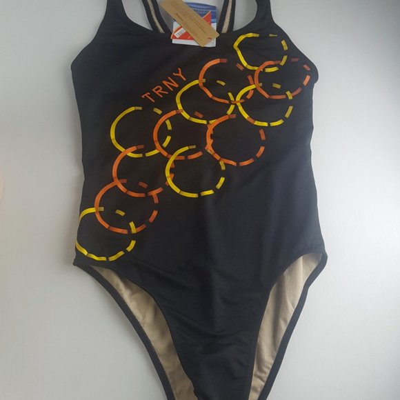 Swimsuit with Cap by Trinys Brazilian Made size M BLACK w/ circles pattern - Picture 4 of 12